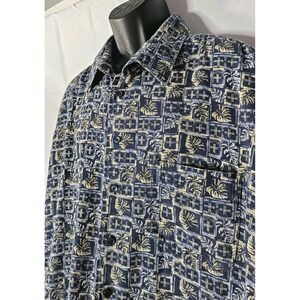 Repp Ltd Shirt Adult 4XL Blue Beige Floral Palm Tile Button Hawaiian Cotton‎